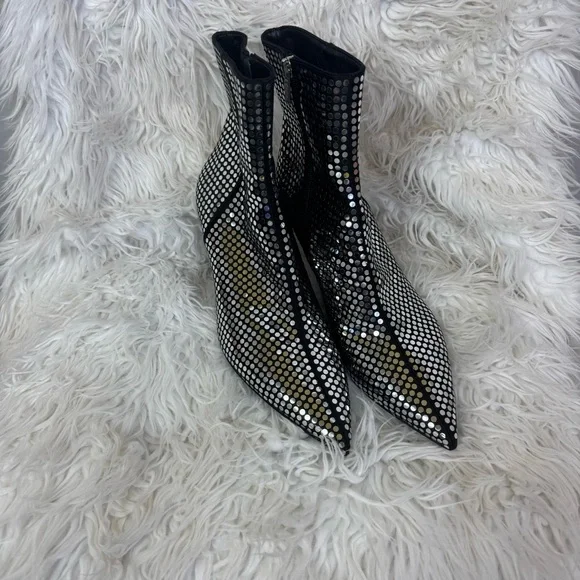 NEW AGL Black Sequins Silver Leather Pointed Toe Side Zip  display picture 2